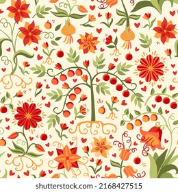 Natural seamless print for fabric with fabulous flowers, leaves, roots, tree, berries, hearts in orange, red, green colors on a light background.