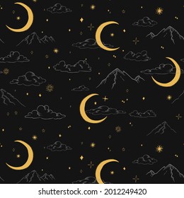 Natural Seamless Repeat Pattern with Hand Drawn Esoteric Stars and Moon, Mountains and Clouds Elements on Black Background. Can Be Used for Fabric, Wallpaper, Packaging Projects and more.