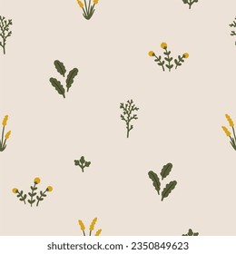 Natural seamless vector pattern with farm herbs flowers. Simple cartoon doodle hand drawn scandinavian style. Earthy organic palette on a craft background. Trendy illustration