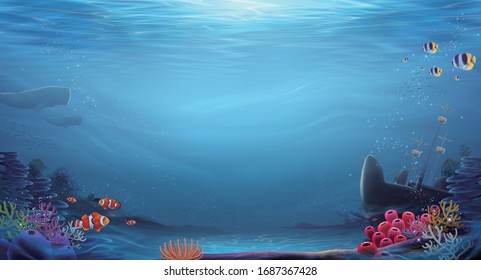 Natural seascape background with dreamy sunlight shining through water, 3d illustration