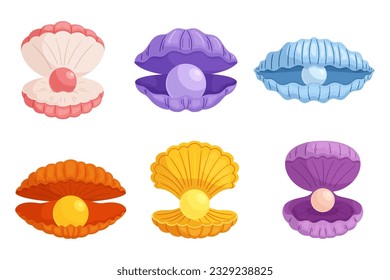 Natural Seashells With A Lustrous Pearls, Showcasing The Beauty Of The Ocean. Rare And Exquisite Treasure, Symbolizing Elegance And Purity Isolated on White Background. Cartoon Vector Illustration