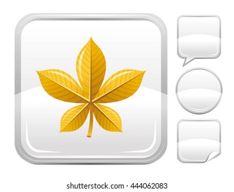Natural seasonal yellow Chestnut leaf icon for nature, four seasons or ecological design. Autumn macro leaf symbol on square background and other blank button forms - speaking bubble, circle, sticker