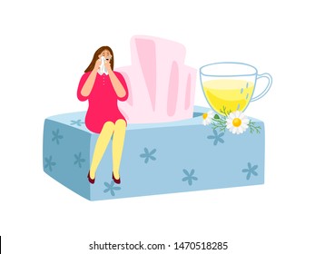 Natural sedative chamomile tea. Flat crying woman, napkins box, daisies, cup of tea. Chamomile health tea, girl cry illustration