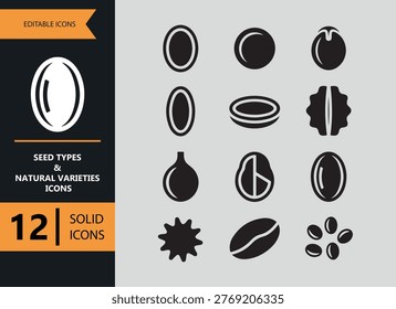 Natural seed types and plant varieties solid icons ideal for eco farming projects botanical collections and sustainable agriculture visuals