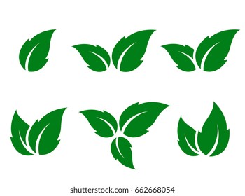 natural set of green leaves silhouettes on white background