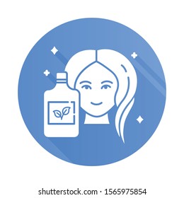 Natural shampoo bottle blue flat design long shadow glyph icon. SLS, paraben free haircare product. Hygiene. Hypoallergenic, botanical based. Organic cosmetics. Vector silhouette illustration