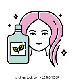 Natural shampoo bottle color icon. SLS, paraben free haircare product. Hygiene. Hypoallergenic, botanical based. Organic cosmetics. Isolated vector illustration