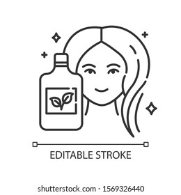 Natural shampoo bottle linear icon. Paraben free haircare product. Hygiene. Hypoallergenic. Organic cosmetics. Thin line illustration. Contour symbol. Vector isolated outline drawing. Editable stroke