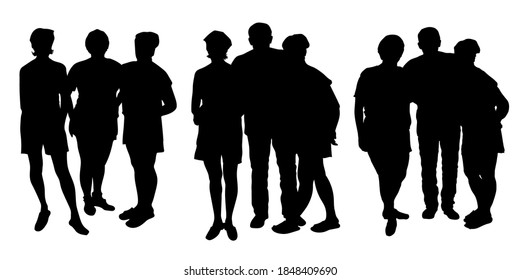 formas naturales Siluetas vectoriales aisladas de un grupo de adultos en tres variantes, 4, 4, personas, 3 mujeres y un hombre, de pie en ropa de verano en vacaciones.