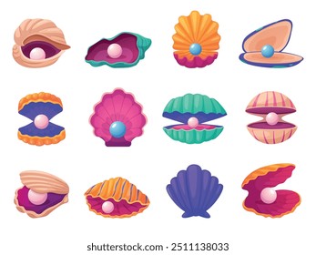 Conchas naturales con perlas. Diferente concha, dibujos animados abiertos cerrar Elementos submarinos. Perlas de la joyería, perla natural del río del mar, hoy en día conjunto de Vector