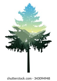 Natural silhouette of coniferous tree with panorama of mountains. 