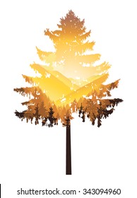 Natural silhouette of coniferous tree with panorama of mountains.Yellow tones. Autumn.