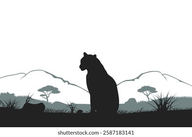 Natural silhouette of a tiger sitting peacefully mountain and white background