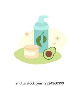 Natural skin care with avocado extract. Self care products for face and body. Organic cosmetic lotion, moisturizer, cream. Skincare routine. Vector illustration.