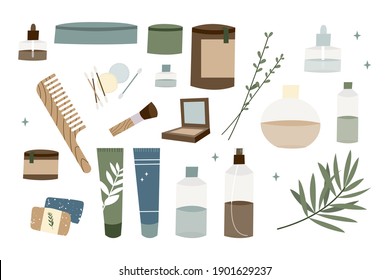 Cuidado de la piel natural. Cosméticos ecológicos sin crueldad. Maquillaje vegano. Productos de belleza a base de hierbas para el cuidado de la cara y el cuerpo. Ilustración de dibujos animados planos vectoriales