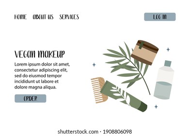 Natural skin care. Organic cruelty-free cosmetics. Vegan makeup. Herbal beauty products for face and body care. Vector flat cartoon illustration. Perfect for landing page, banner design, website