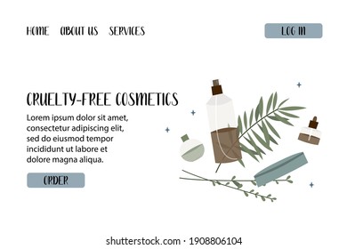Natural skin care. Organic cruelty-free cosmetics. Vegan makeup. Herbal beauty products for face and body care. Vector flat cartoon illustration. Perfect for landing page, banner design, website