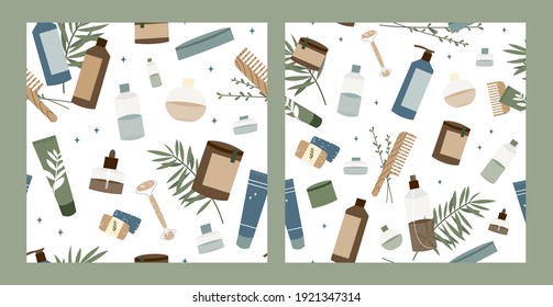 Natural skin care. Organic cruelty-free cosmetics. Vegan makeup. Herbal beauty products for face and body care. Vector flat cartoon illustration, seamless pattern