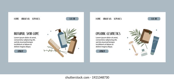 Natural skin care. Organic cruelty-free cosmetics. Vegan makeup. Herbal beauty products for face and body care. Vector flat cartoon illustration. Perfect for landing page, banner design, website