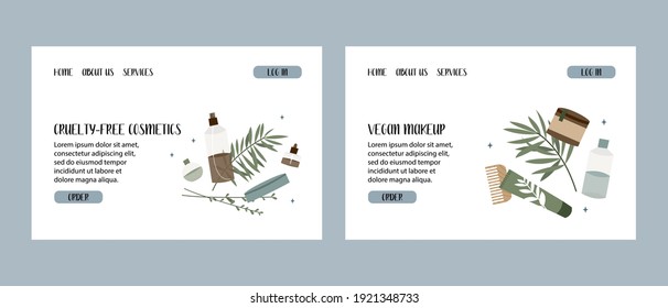 Natural skin care. Organic cruelty-free cosmetics. Vegan makeup. Herbal beauty products for face and body care. Vector flat cartoon illustration. Perfect for landing page, banner design, website