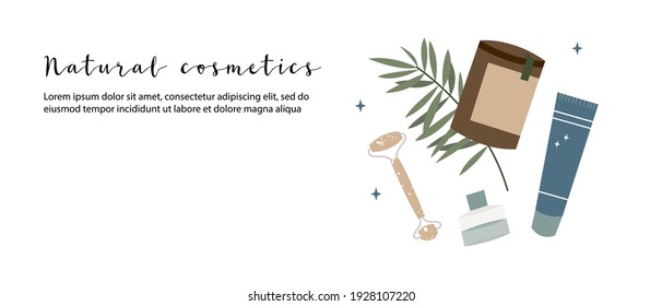 Natural skin care. Organic cruelty-free cosmetics. Vegan makeup. Herbal beauty products for face and body care. Vector flat cartoon illustration. Perfect for landing page, banner design, website