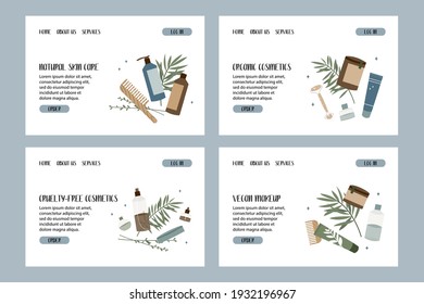 Natural skin care. Organic cruelty-free cosmetics. Vegan makeup. Herbal beauty products for face and body care. Vector flat cartoon illustration. Perfect for landing page, banner design, website