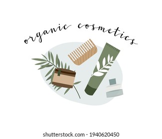 Natural skin care. Organic cruelty-free cosmetics. Vegan makeup. Herbal beauty products for face and body care. Vector flat cartoon illustration