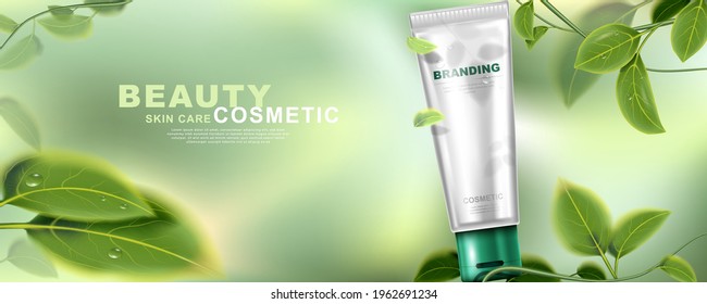 Natural skin care product. Package design and leaves with bokeh background.