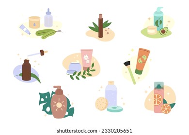 Natural skin care products. Cosmetics for self care daily routine. Organic cosmetic lotion, moisturizer, serum and sunscreen. Vector set of flat illustrations.