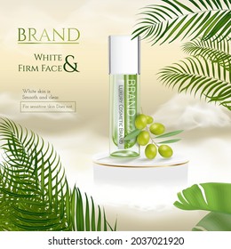 Natural skin care products in green with tropical summer leaves and podium on gold cloud background in 3d illustration