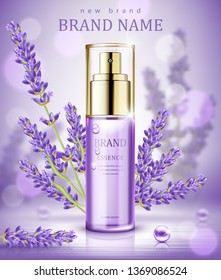 Natural skin care products with lavender elements isolated on glittering bokeh background. Vector illustration