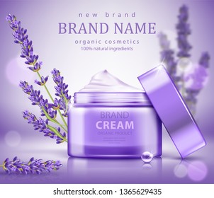 Natural skin care products with purple package and lavender element isolated on bokeh background. Realistic vector illustration