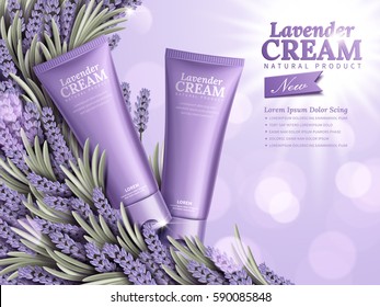 Natural skin care products with purple package and lavender element isolated on bokeh background in 3d illustration