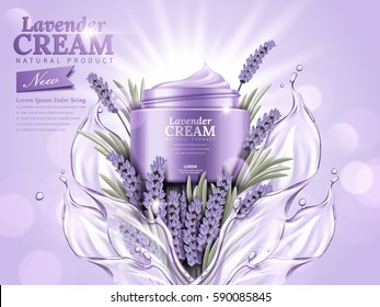 Natural skin care products with splashing liquid and lavender elements isolated on glittering bokeh background in 3d illustration