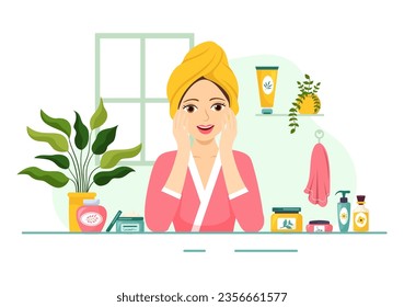 Natural Skin Care Vector Illustration of Women Applying Cosmetics Face Skincare Products with Organic Ingredients in Flat Cartoon Background Template