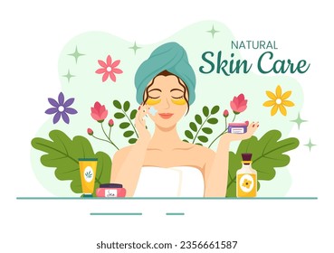 Natural Skin Care Vector Illustration of Women Applying Cosmetics Face Skincare Products with Organic Ingredients in Flat Cartoon Background Template