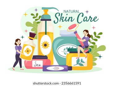 Natural Skin Care Vector Illustration of Women Applying Cosmetics Face Skincare Products with Organic Ingredients in Flat Cartoon Background Template