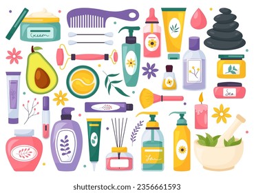 Natural Skin Care Vector Illustration of Women Applying Cosmetics Face Skincare Products with Organic Ingredients in Flat Cartoon Background Template