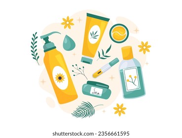 Natural Skin Care Vector Illustration of Women Applying Cosmetics Face Skincare Products with Organic Ingredients in Flat Cartoon Background Template