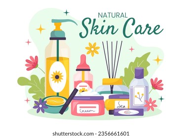 Natural Skin Care Vector Illustration of Women Applying Cosmetics Face Skincare Products with Organic Ingredients in Flat Cartoon Background Template