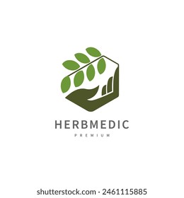 Natural skincare logo design with hand, branch and leaf vector illustration
