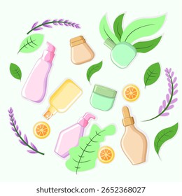 Natuurlijke huidverzorging verpakking illustratie met schone cosmetische display en botanische elementen