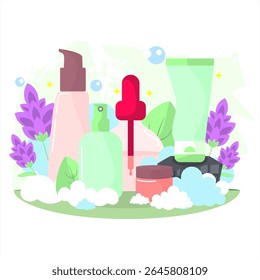 Natural Skincare Product Set Illustration with Floral and Leaf Elements