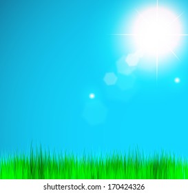 Natural sky background with sun and grass. Vector illustration.