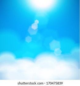 Natural sky background with sun shining behind the clouds. Vector illustration.