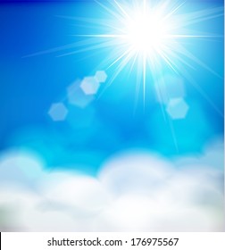 Natural sky background with sun shining behind the clouds. Vector illustration.
