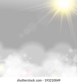Natural sky background with sun shining behind the clouds. Vector illustration.