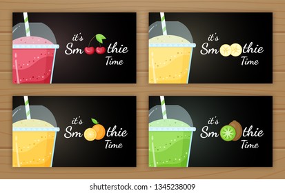 Natural smoothie fruit shake vector logo illustration. Set of tasty fruit, glass with colorful layers of smoothies cocktail and smoothie logo for fitness landing page concept. Clipping mask applied.