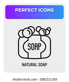 Natural soap bar with bubbles thin line icon. Zero waste. Modern vector illustration.