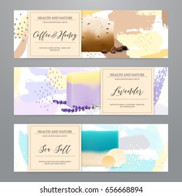 Natural soap bars with sea salt honey coffee lavender packaging 3 realistic horizontal banners set vector illustration 